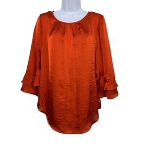 Zac & Rachel Women's size S Chili Shimmery Top 3/4 Ruffle Sleeve Keyhole Back